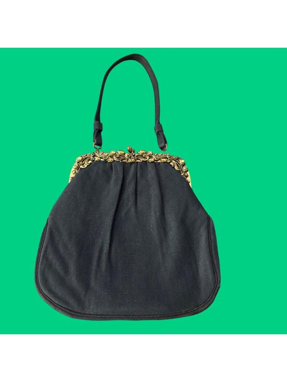 Vintage Black Handbag With Gold Embellished Frame & Purple Lining By Garay Top H